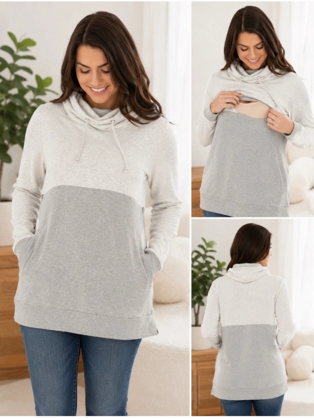 Nursing Queen Breastfeeding Top Grey White Nursing Zipper Pumping Sweatshirt L